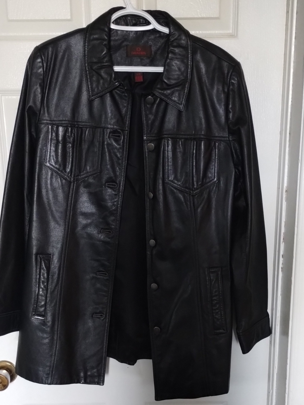 Women's Black Leather Trench Coat - Long Button-Front.Large